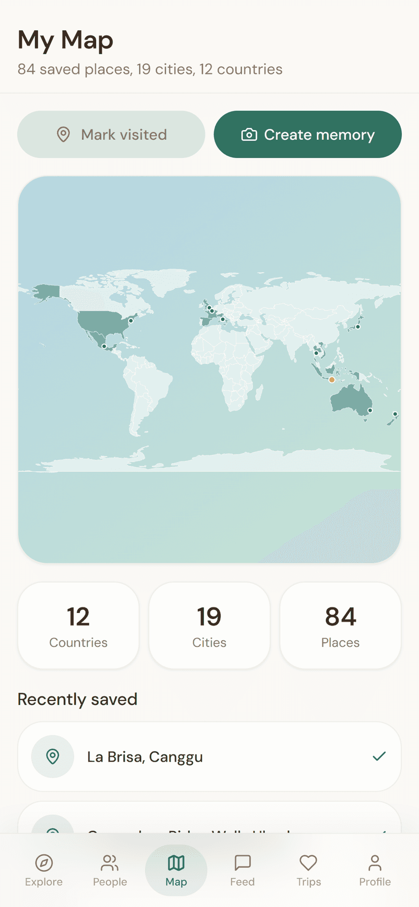 Your travel map — 84 places, 12 countries